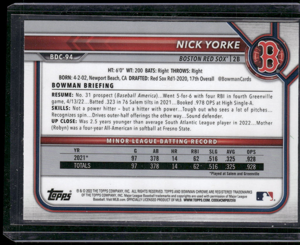 2022 Bowman Draft #BDC-94 Nick Yorke Chrome Black & White RayWave Refractor