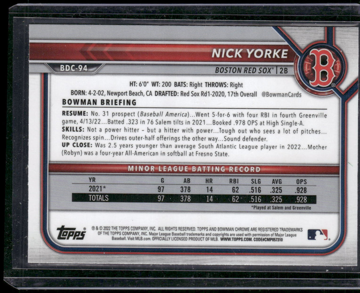 2022 Bowman Draft #BDC-94 Nick Yorke Chrome Black & White RayWave Refractor