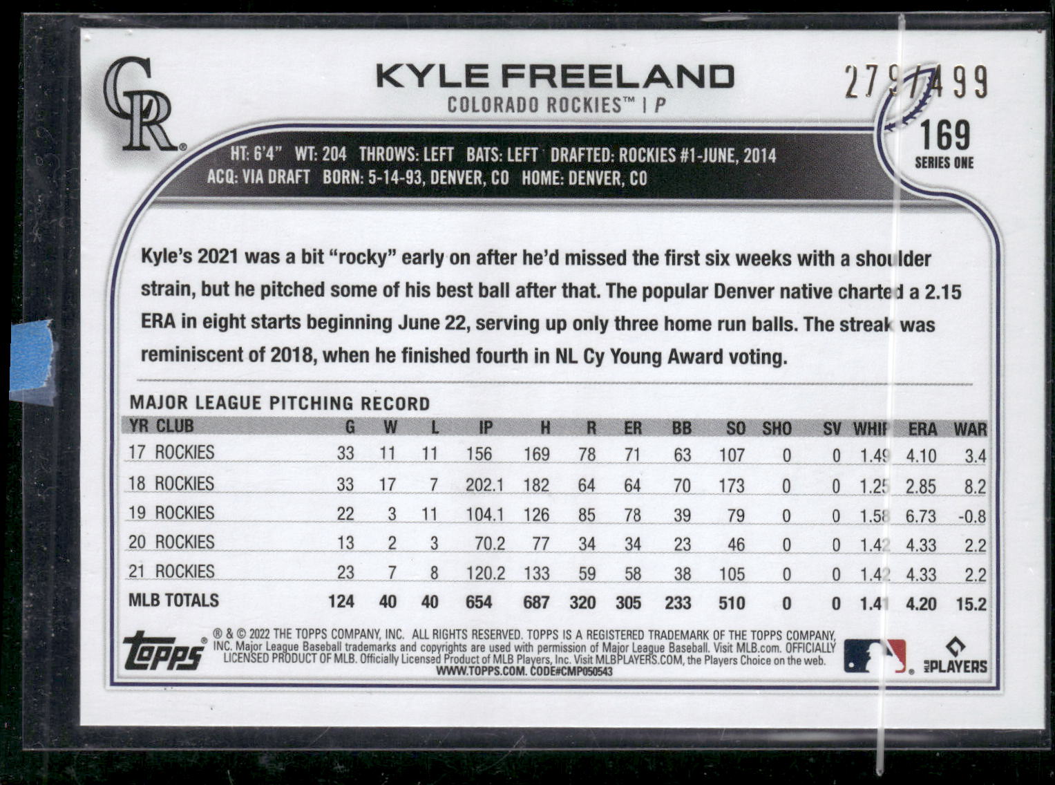 2022 Topps #169 Kyle Freeland Green Foilboard #/499