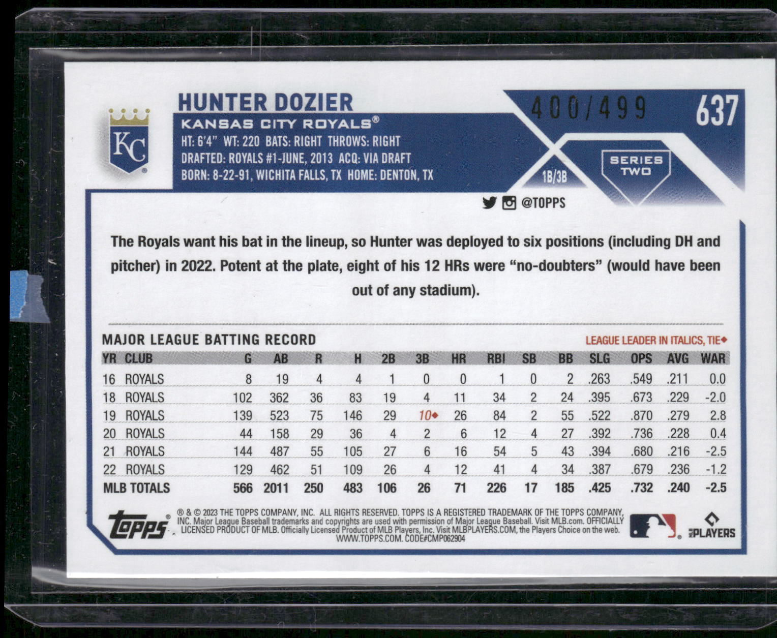 2023 Topps #637 Hunter Dozier Green Foil #/499