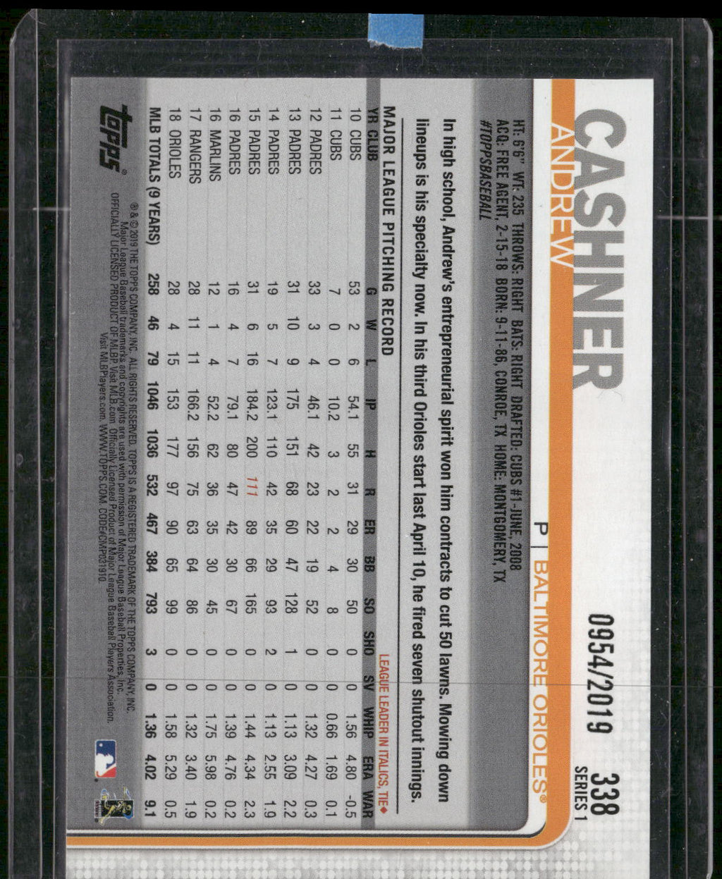 2019 Topps #338 Andrew Cashner Gold #/2019