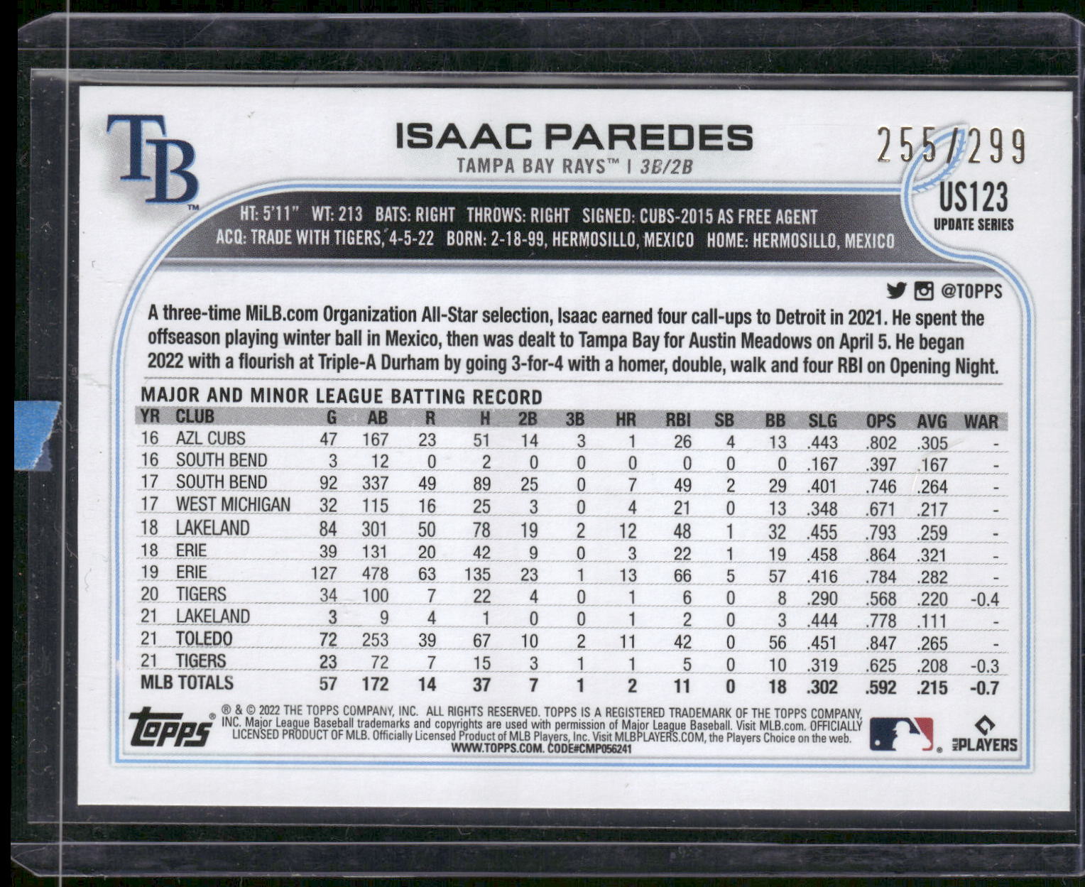 2022 Topps Update #US123 Isaac Paredes Orange Rainbow Foil #/299