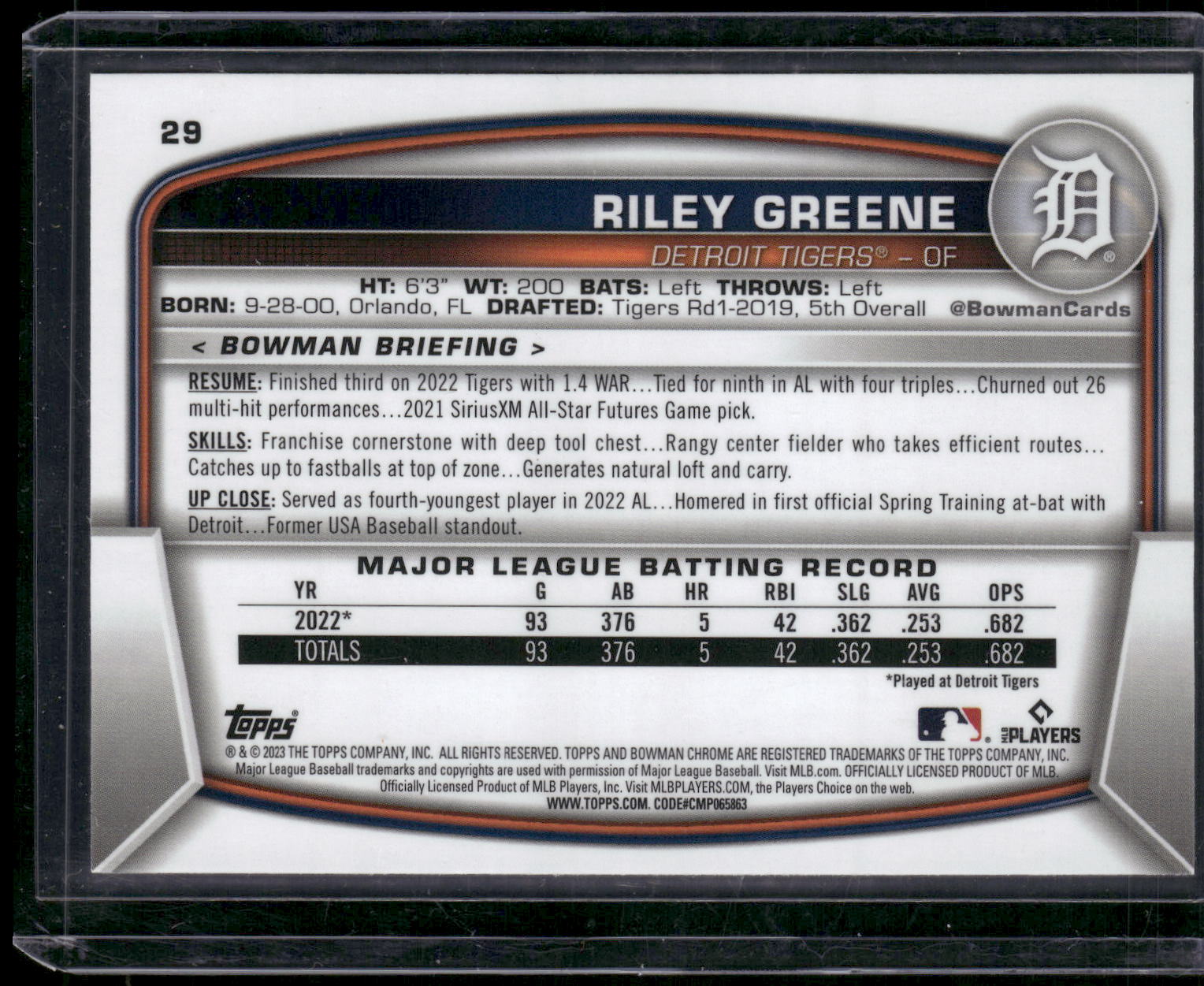 2023 Bowman Chrome #29 Riley Greene