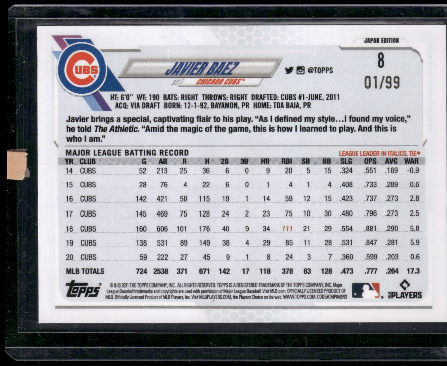 2021 Topps Japan Edition #8 Javier Baez Cherry Blossoms #/99