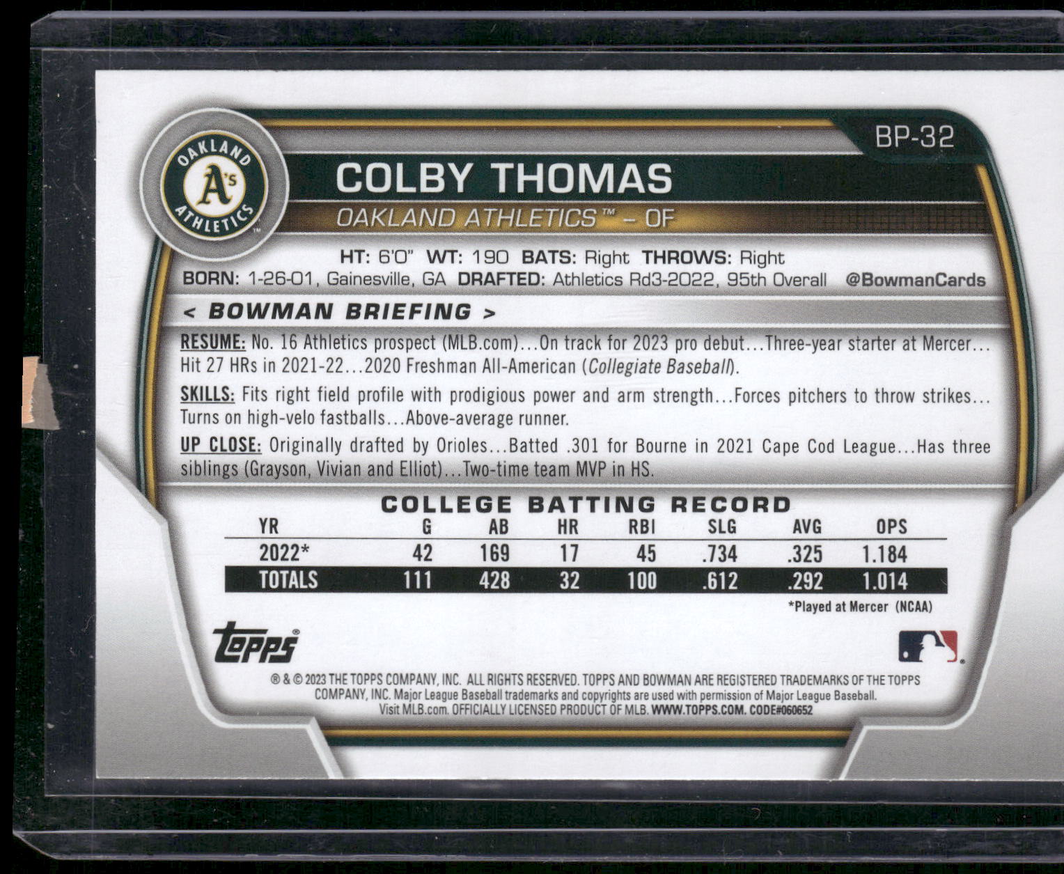 2023 Bowman #BP-32 Colby Thomas Prospects Sky Blue #/499