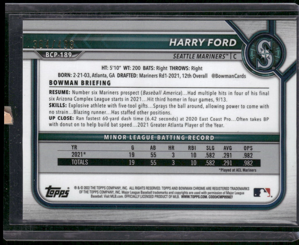 2022 Bowman Chrome #BCP-189 Harry Ford Prospects Refractor #/499
