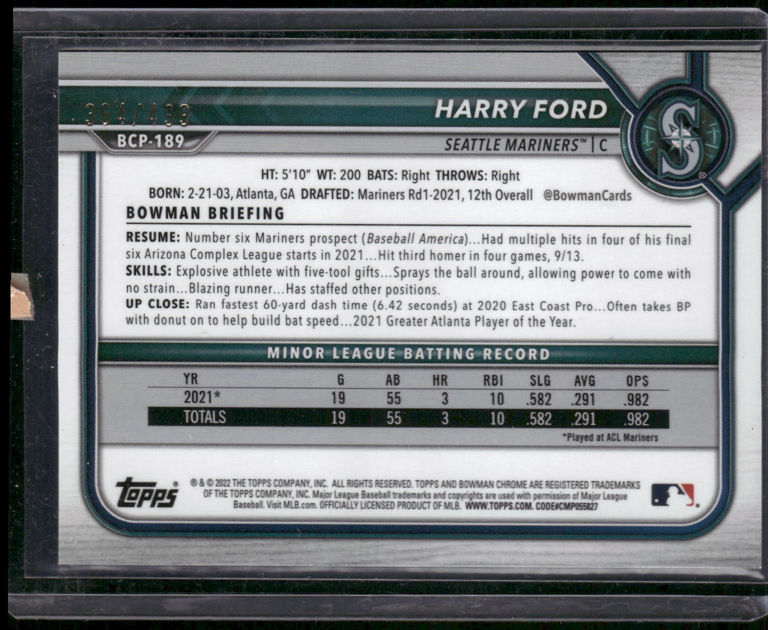 2022 Bowman Chrome #BCP-189 Harry Ford Prospects Refractor #/499