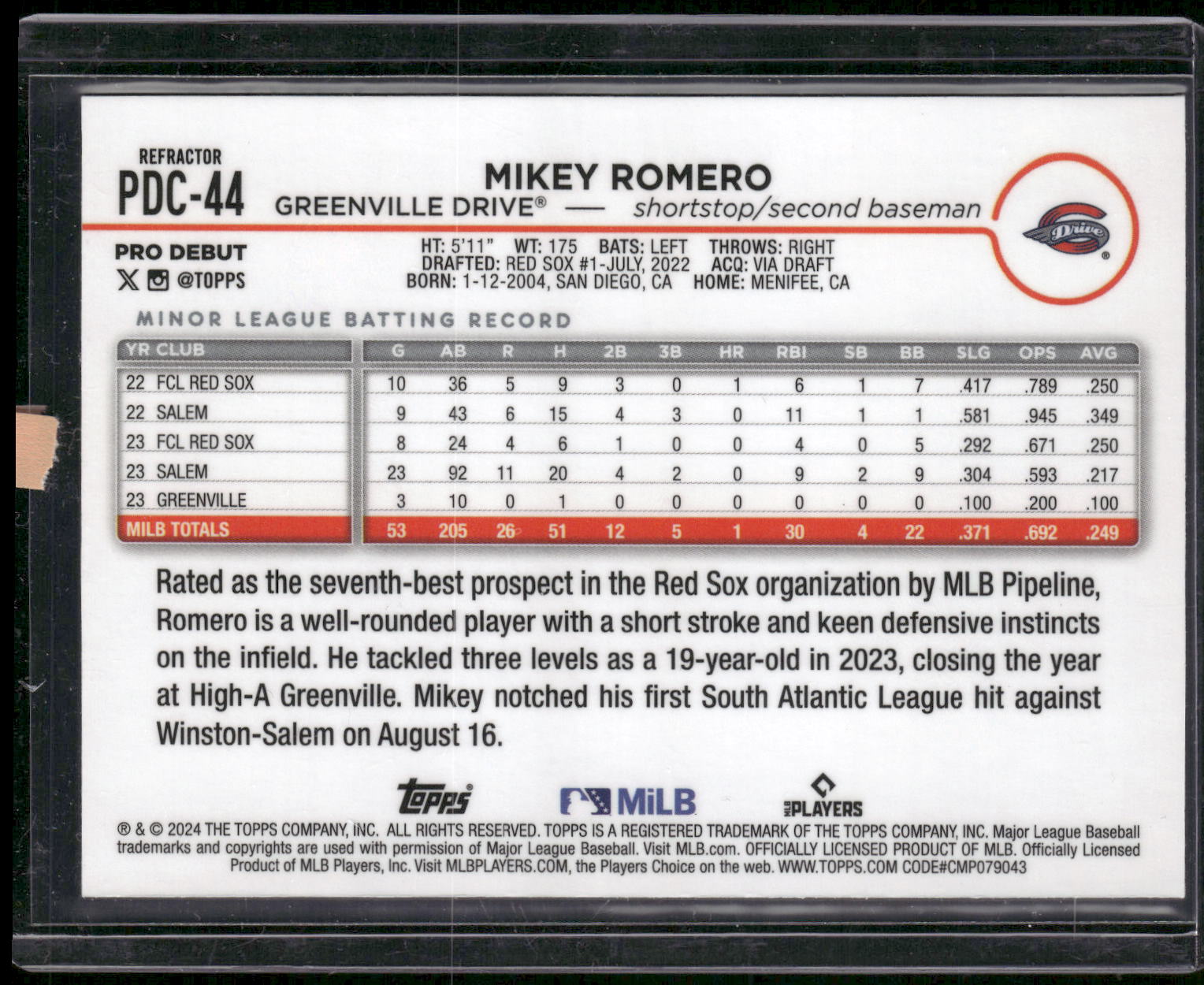 2024 Topps Pro Debut #PDC-44 Mikey Romero Chrome Refractor #/99