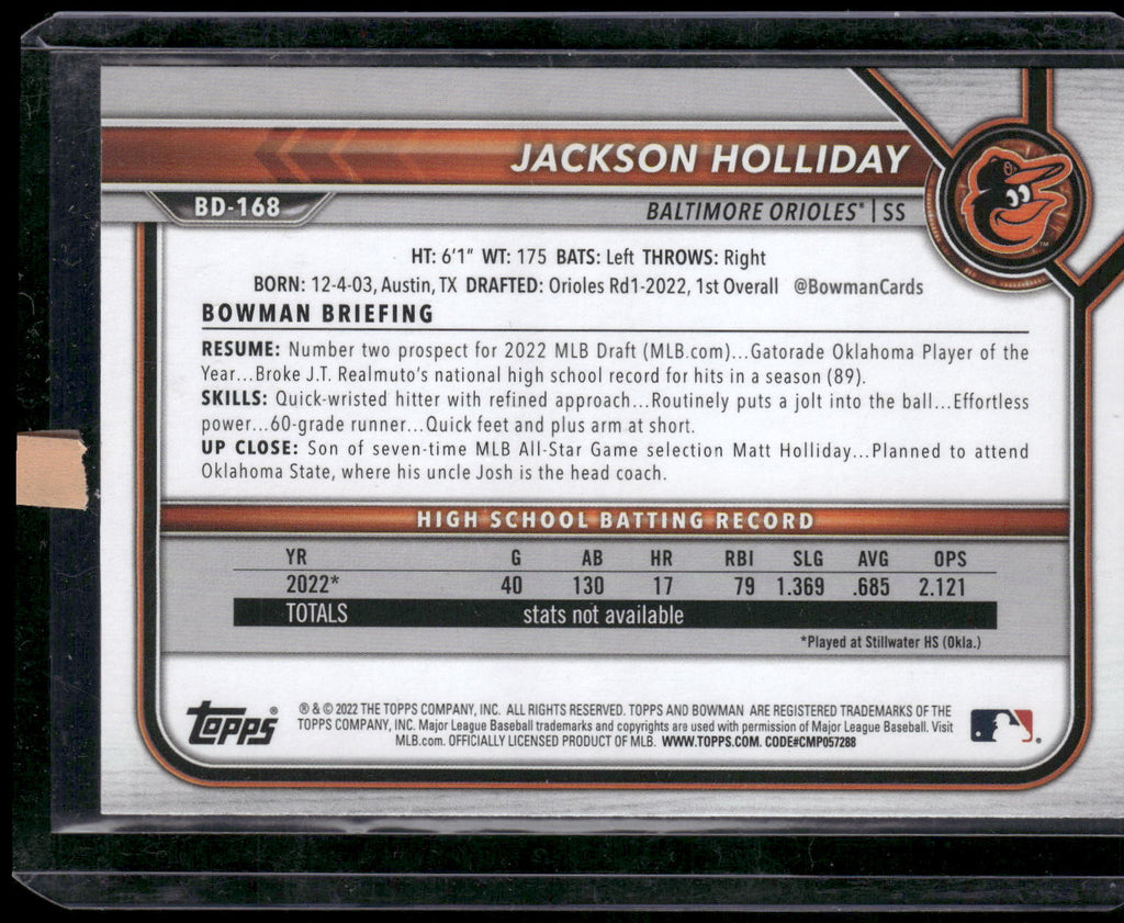 2022 Bowman Draft #BD-168 Jackson Holliday