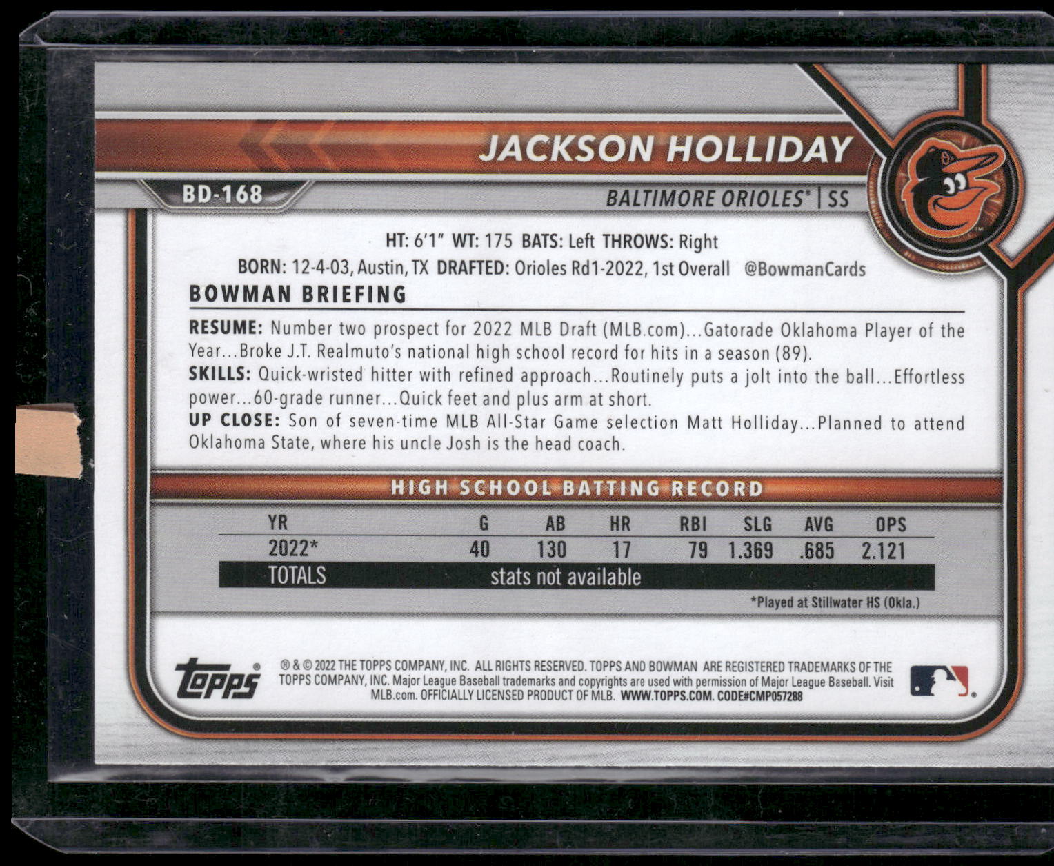 2022 Bowman Draft #BD-168 Jackson Holliday