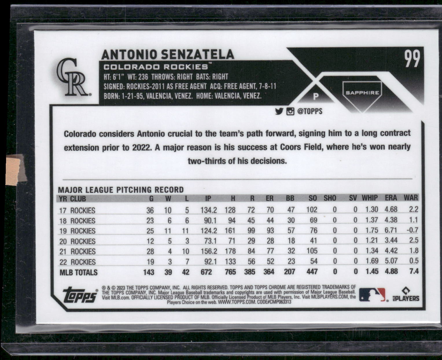 2023 Topps Chrome Sapphire Edition #99 Antonio Senzatela