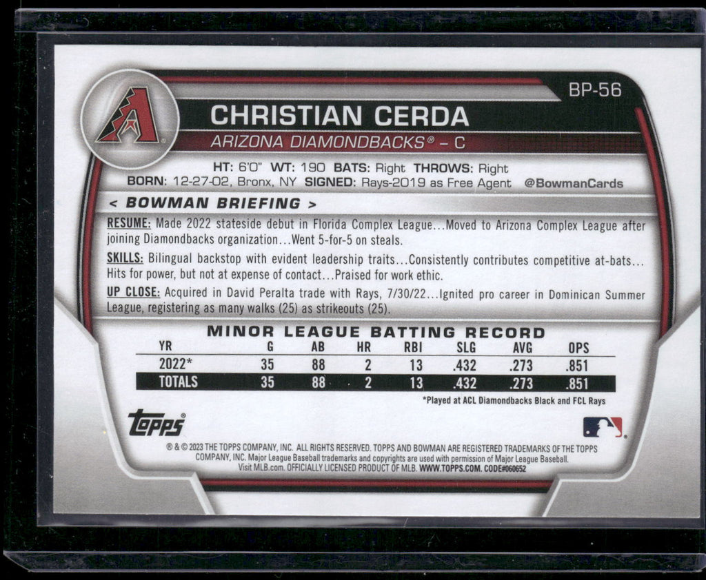 2023 Bowman #BP-56 Christian Cerda Prospects