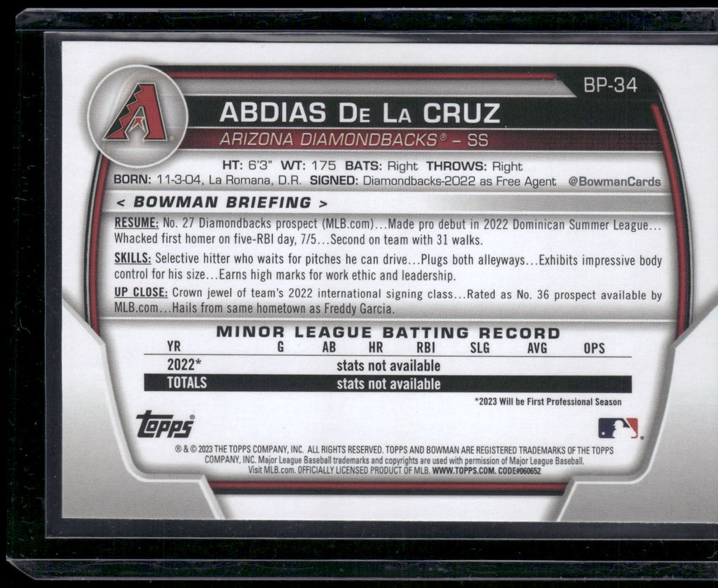2023 Bowman #BP-34 Abdias De La Cruz Prospects