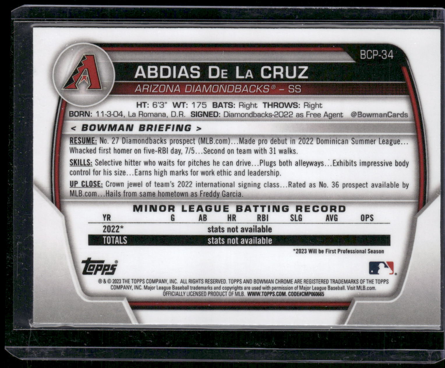 2023 Bowman #BCP-34 Abdias De La Cruz Chrome Prospects