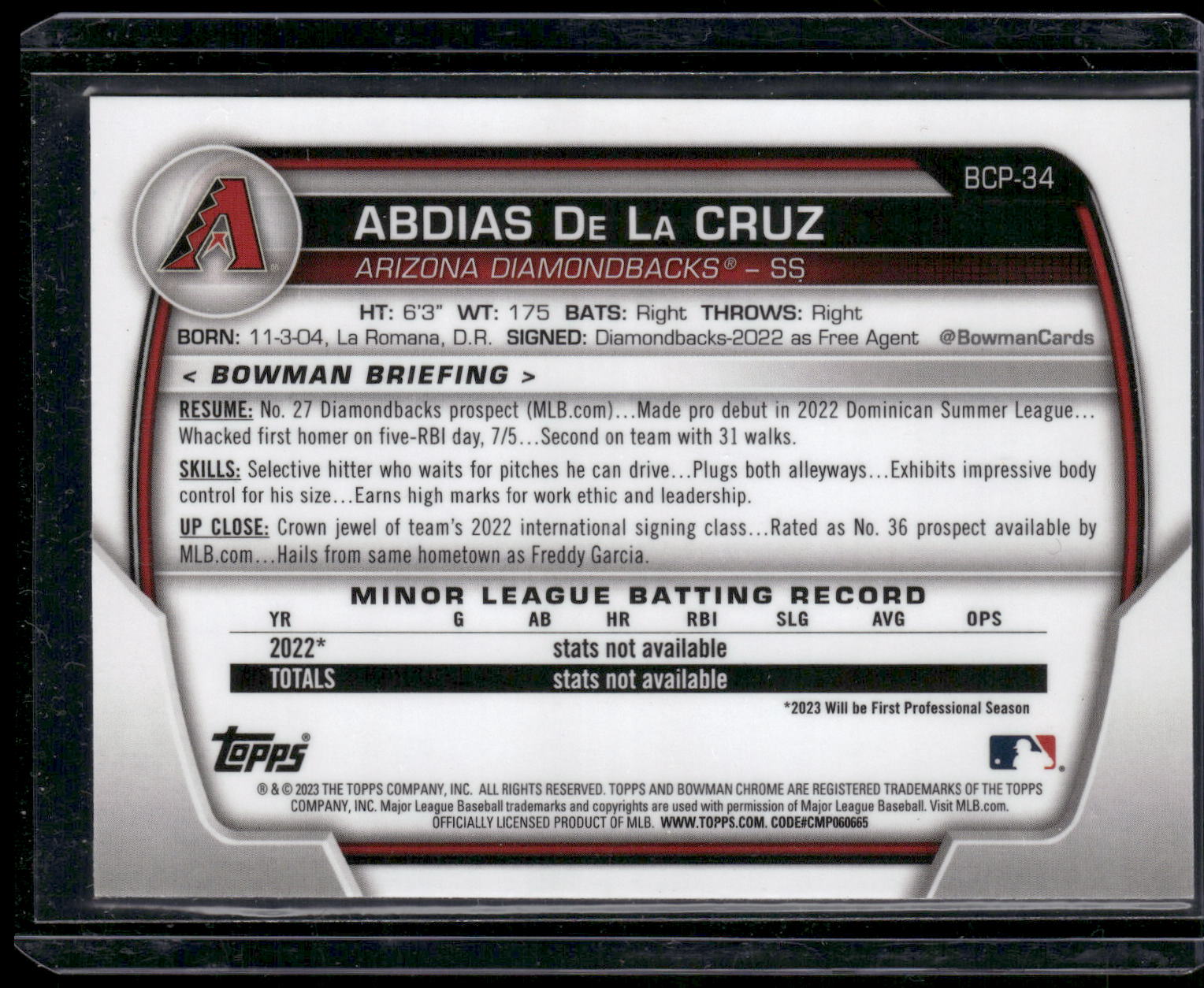 2023 Bowman #BCP-34 Abdias De La Cruz Chrome Prospects