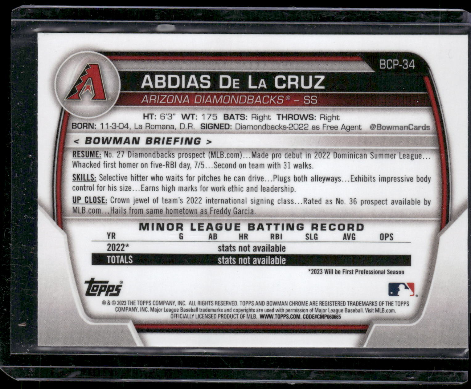 2023 Bowman #BCP-34 Abdias De La Cruz Chrome Prospects