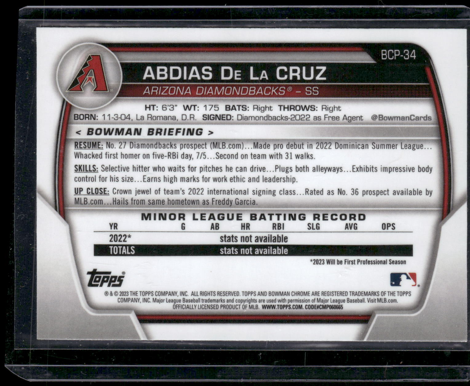 2023 Bowman #BCP-34 Abdias De La Cruz Chrome Prospects