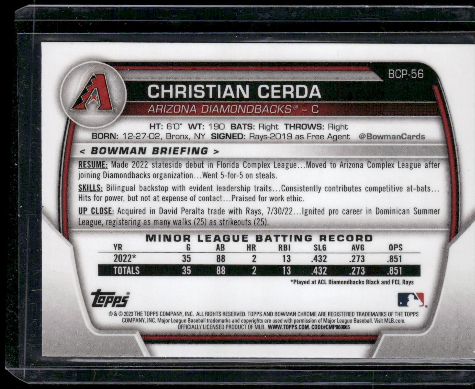 2023 Bowman #BCP-56 Christian Cerda Chrome Prospects Lunar Glow Refractors