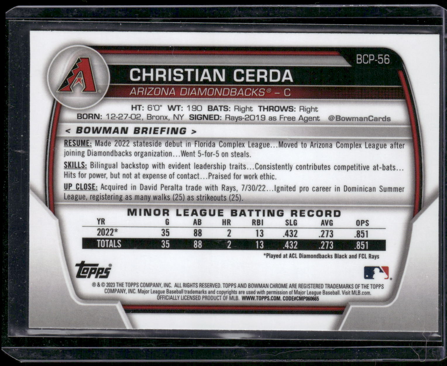 2023 Bowman #BCP-56 Christian Cerda Chrome Prospects Lunar Glow Refractors