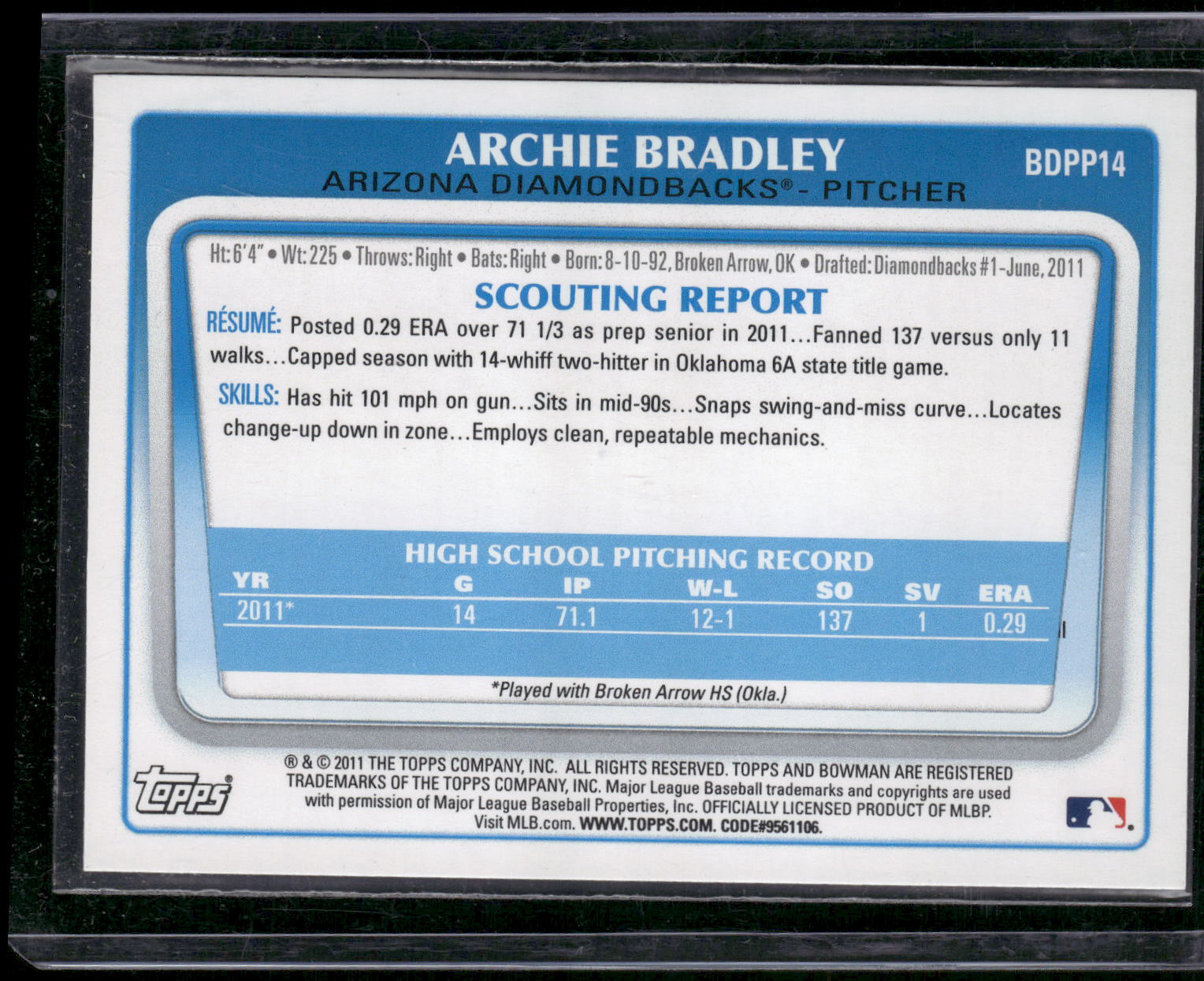 2011 Bowman Draft Picks & Prospects #BDPP14 Archie Bradley Prospects