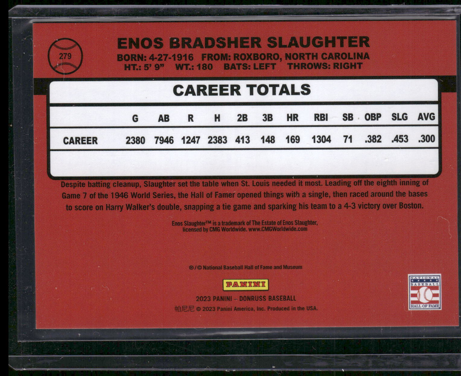 2023 Donruss #279 Enos Slaughter Holo Red #/2023