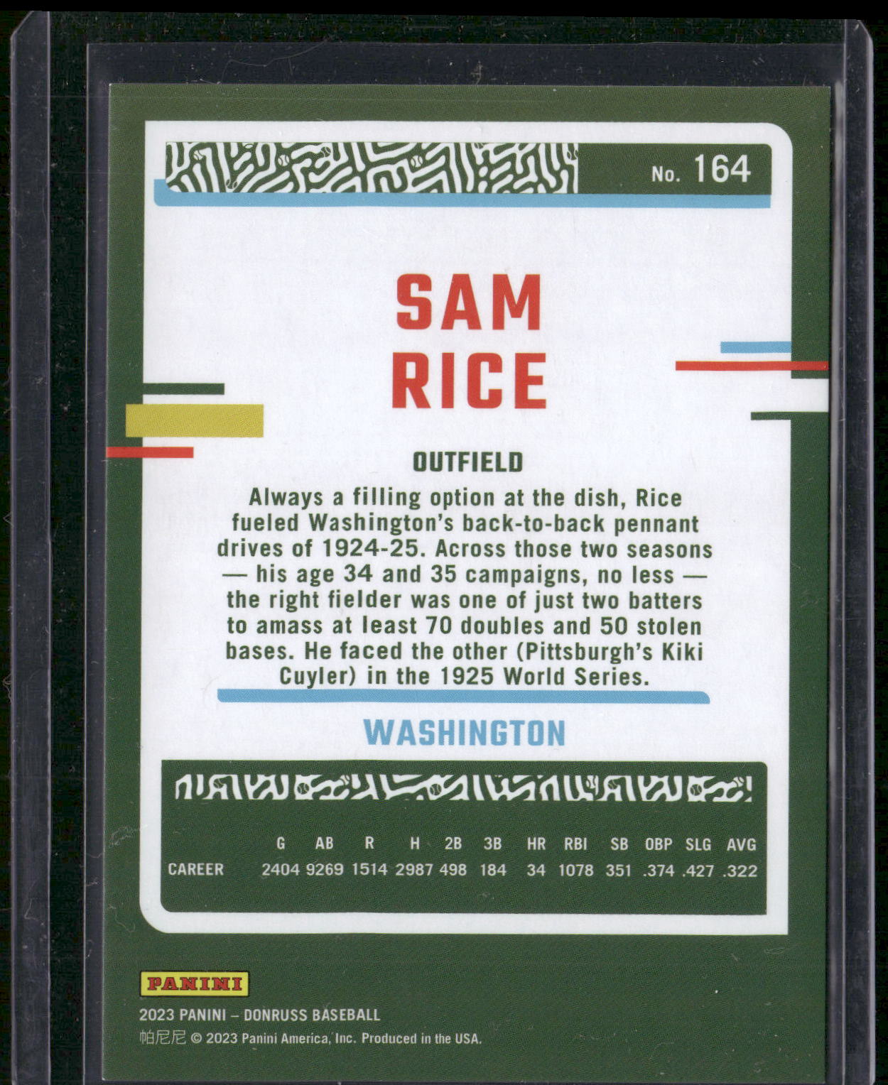 2023 Donruss #164 Sam Rice Career Stat Line #/184