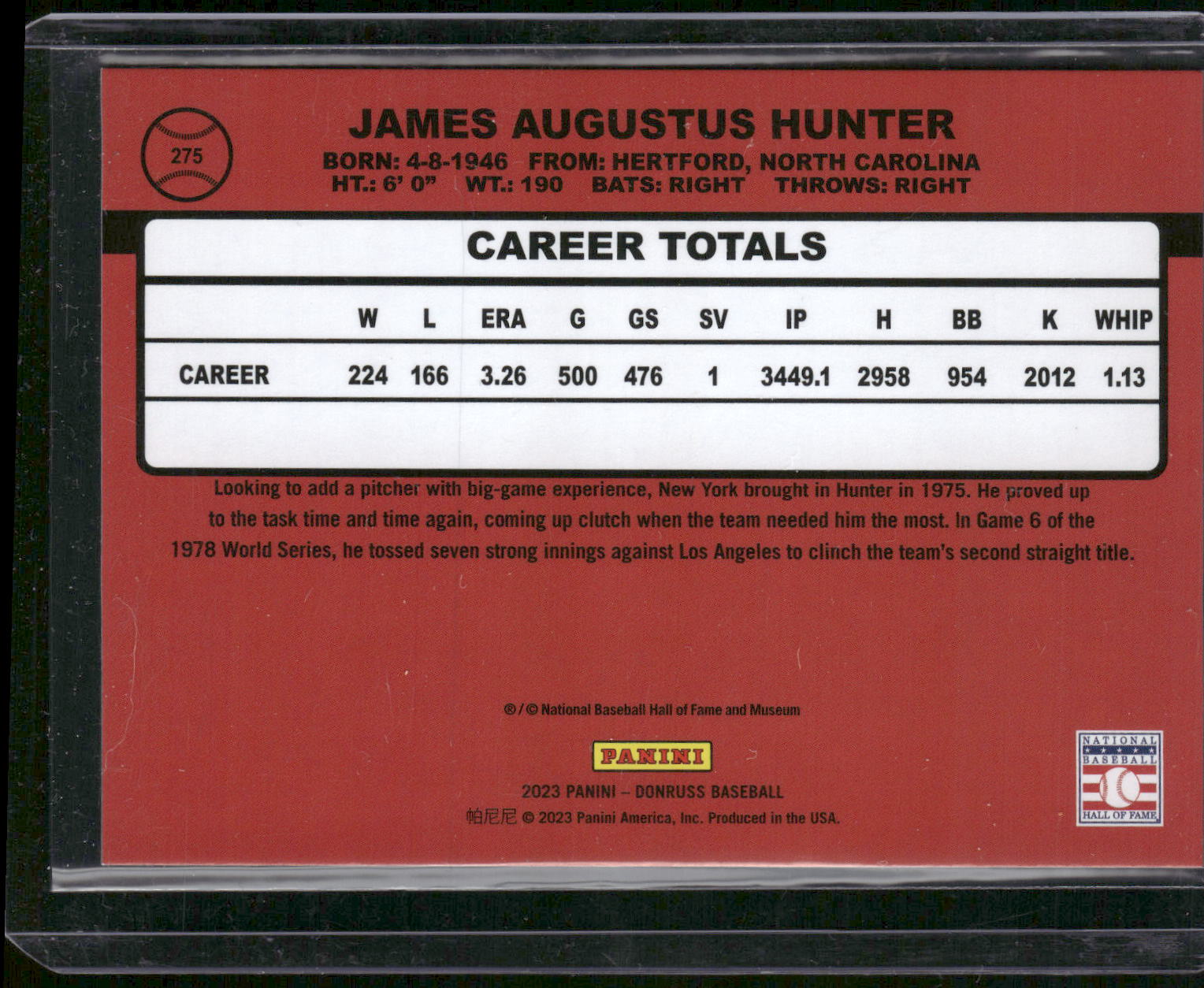 2023 Donruss #275 Catfish Hunter Career Stat Line #/326