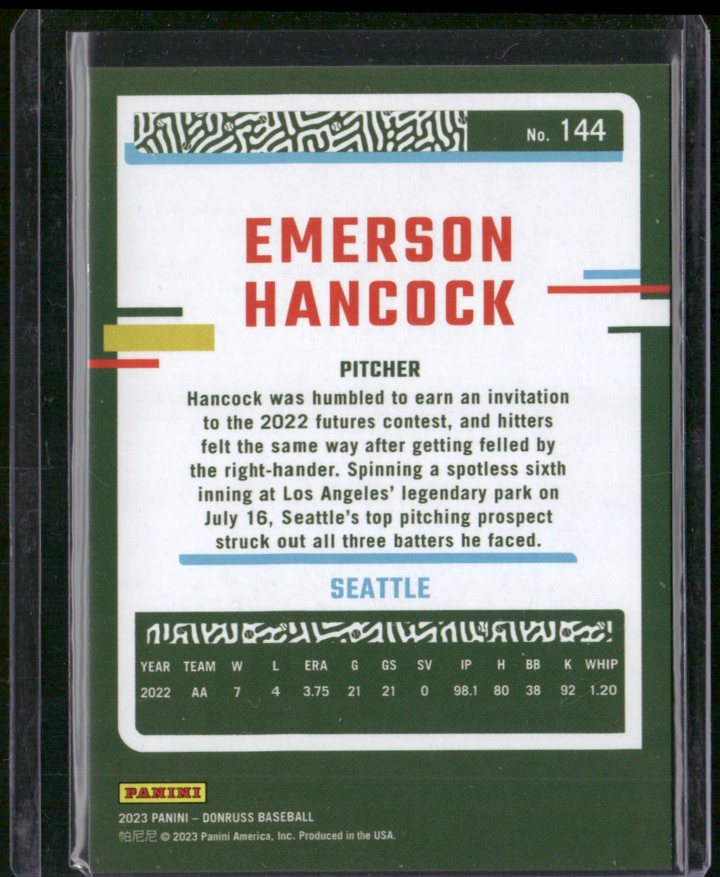 2023 Donruss #144 Emerson Hancock Career Stat Line #/340