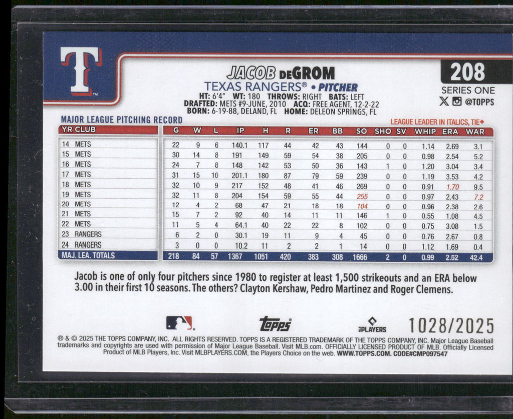 2025 Topps #208 Jacob deGrom Gold #/2025