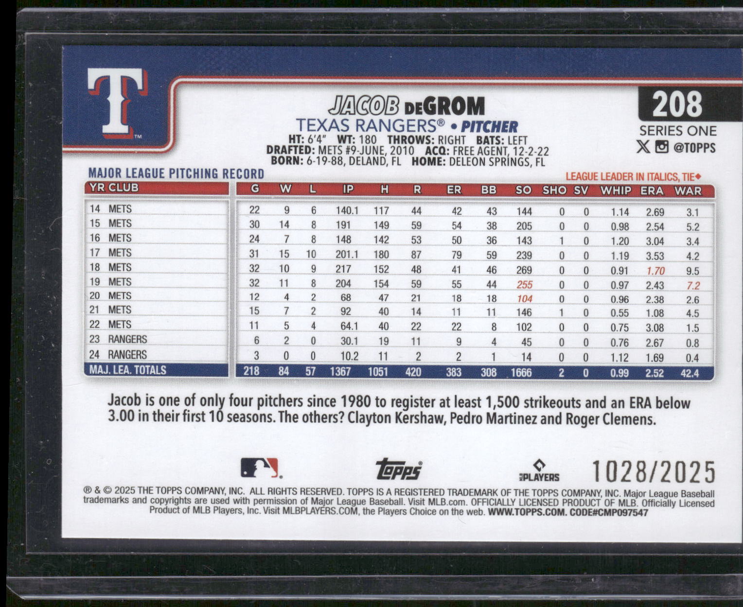 2025 Topps #208 Jacob deGrom Gold #/2025