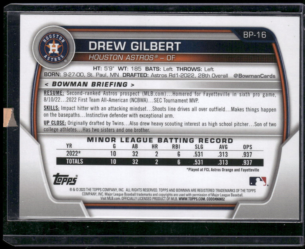 2023 Bowman #BP-16 Drew Gilbert Prospects Purple Pattern #/199