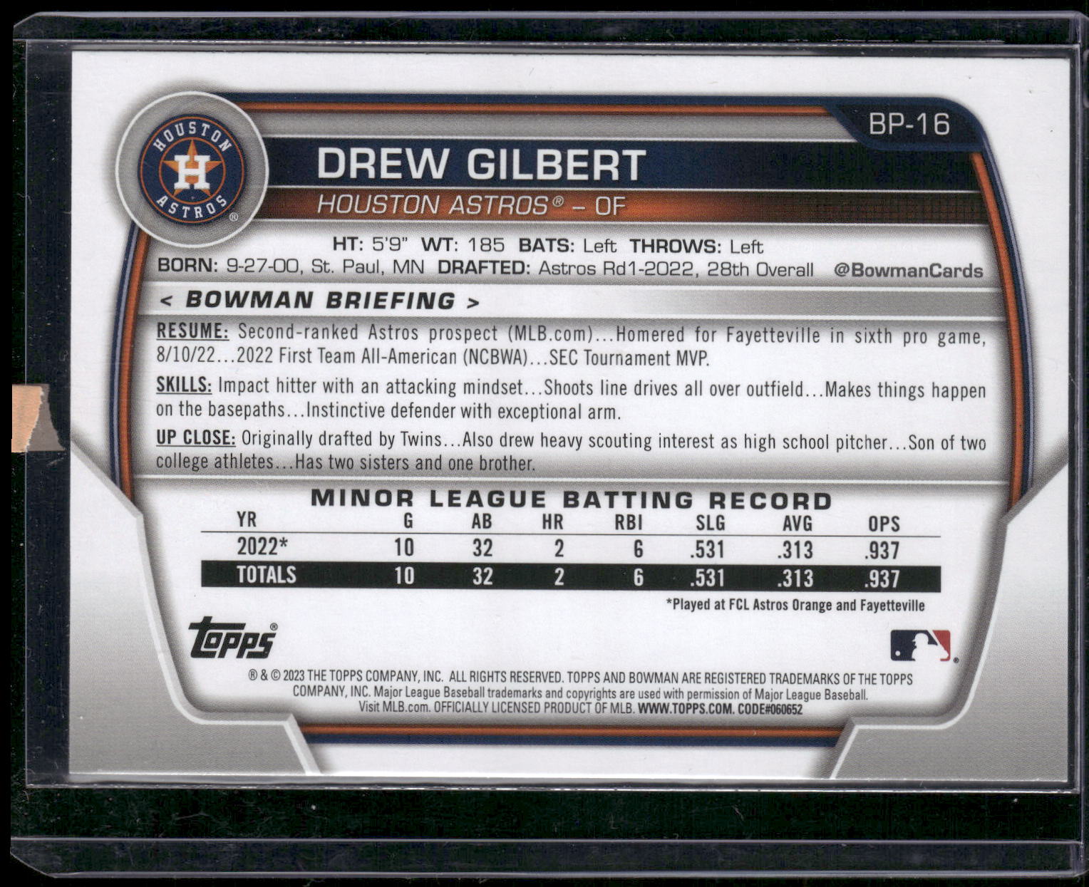 2023 Bowman #BP-16 Drew Gilbert Prospects Purple Pattern #/199
