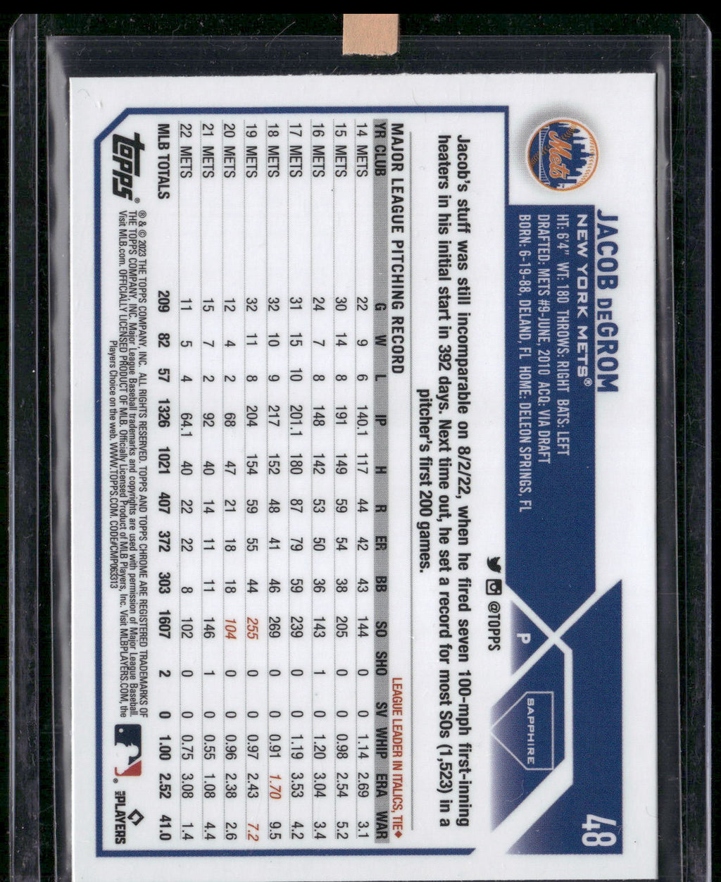 2023 Topps Chrome Sapphire Edition #48 Jacob deGrom