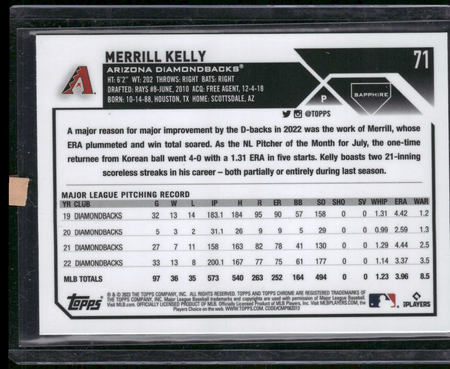 2023 Topps Chrome Sapphire Edition #71 Merrill Kelly