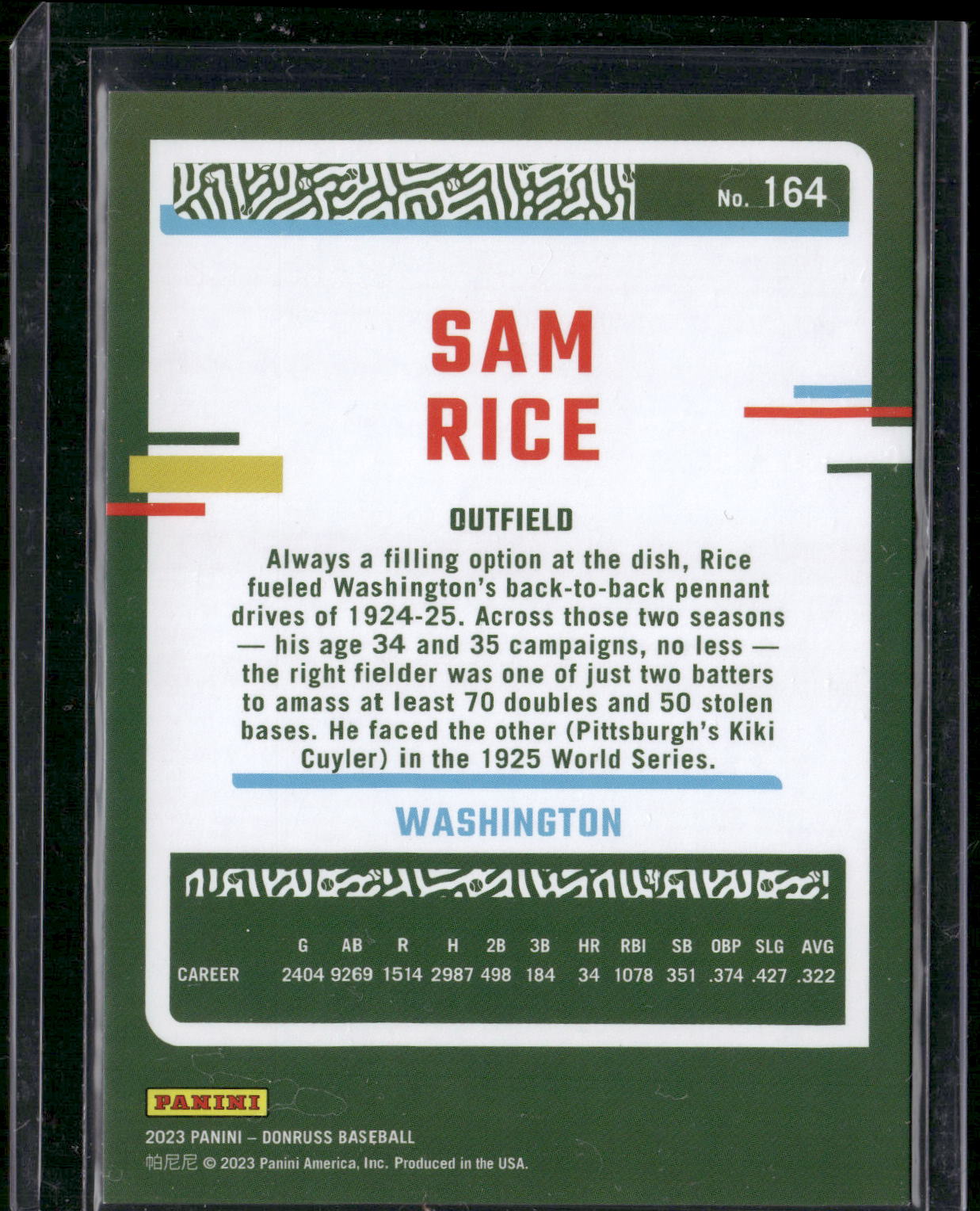 2023 Donruss #164 Sam Rice Holo Red #/2023