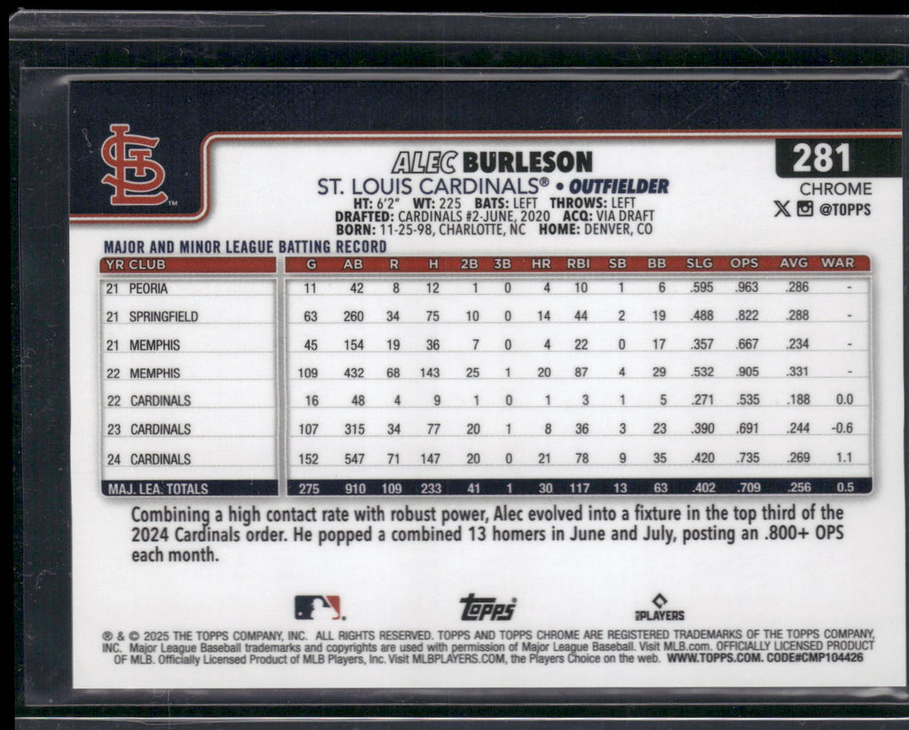 2025 Topps Chrome #281 Alec Burleson Gold RayWave Refractors #/50
