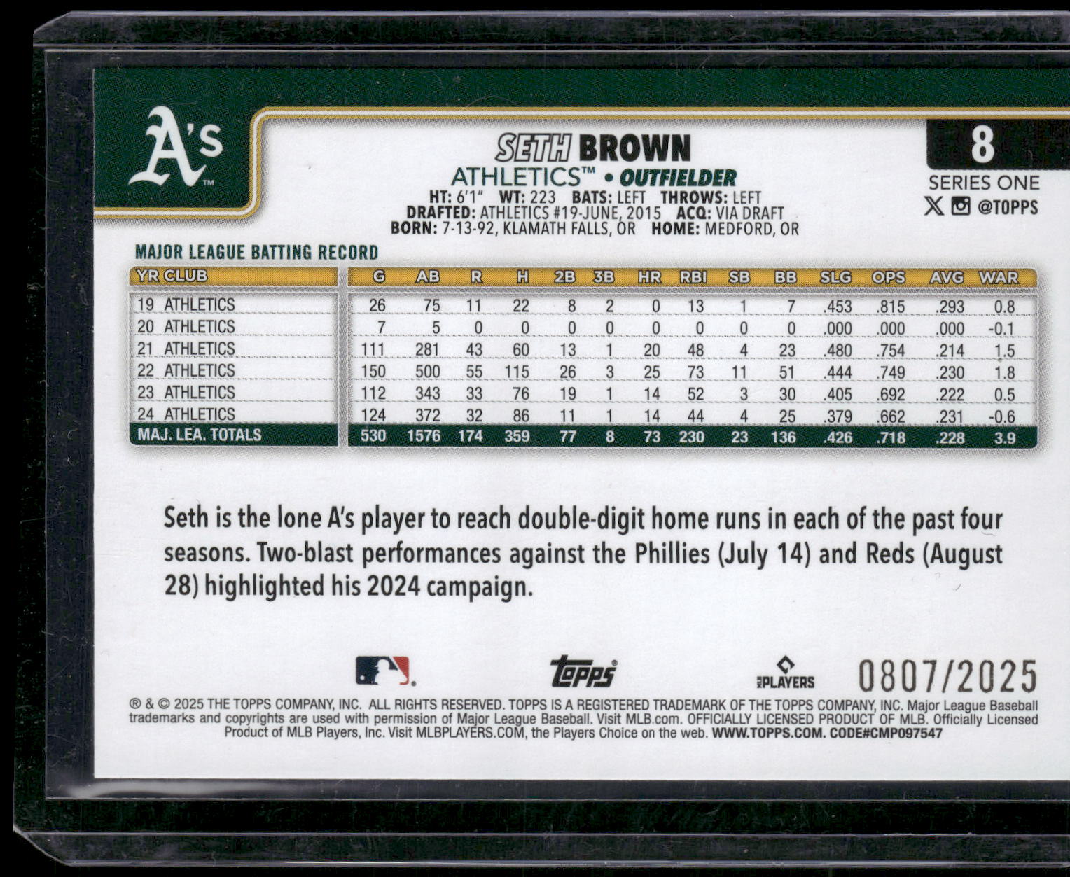 2025 Topps #8 Seth Brown Gold #/2025