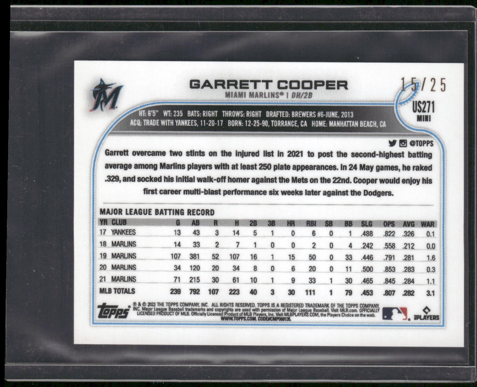 2022 Topps Mini #US271 Garrett Cooper Pink #/25
