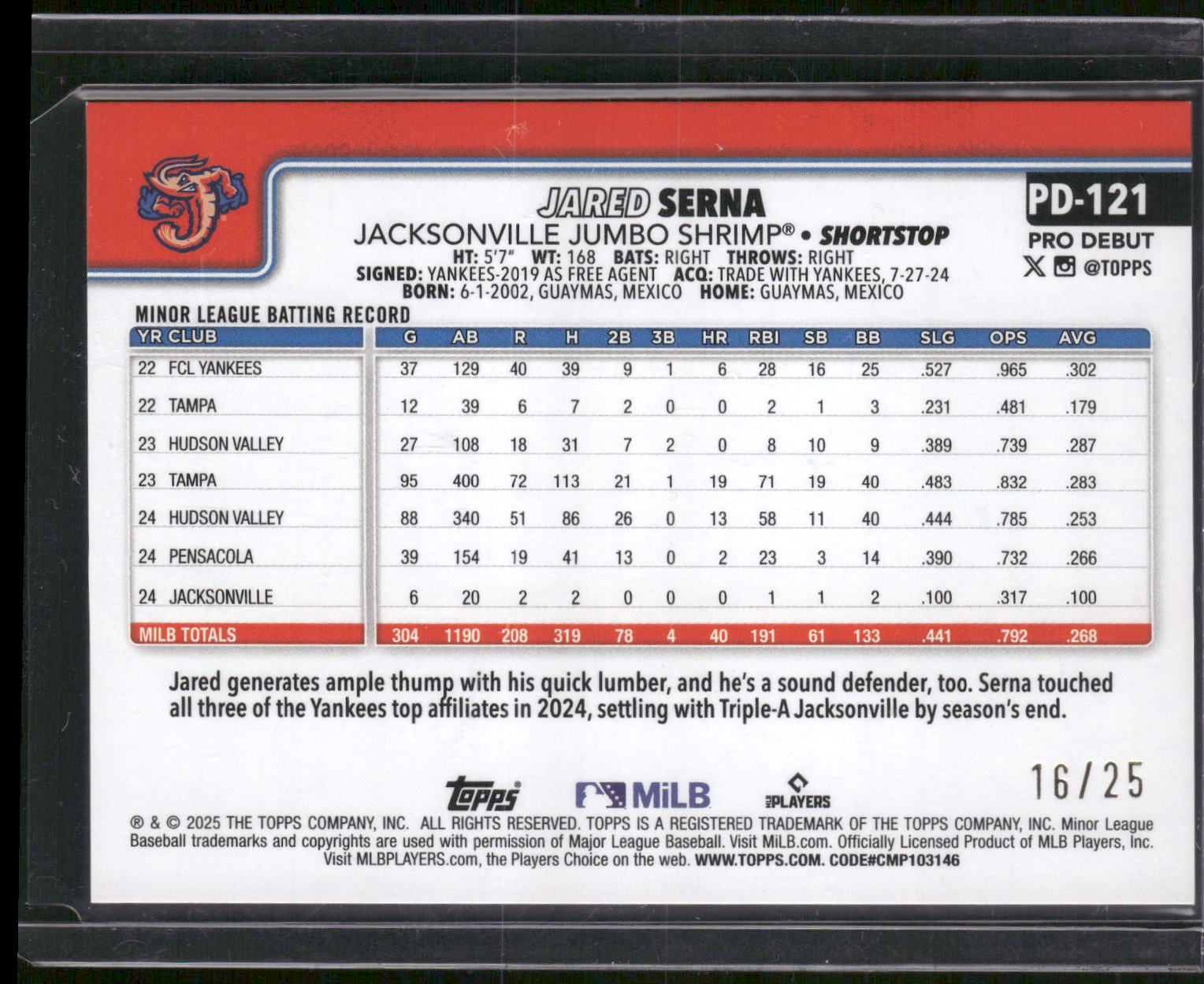 2025 Topps Pro Debut #PDC-121 Jared Serna Chrome Orange Refractor #/25