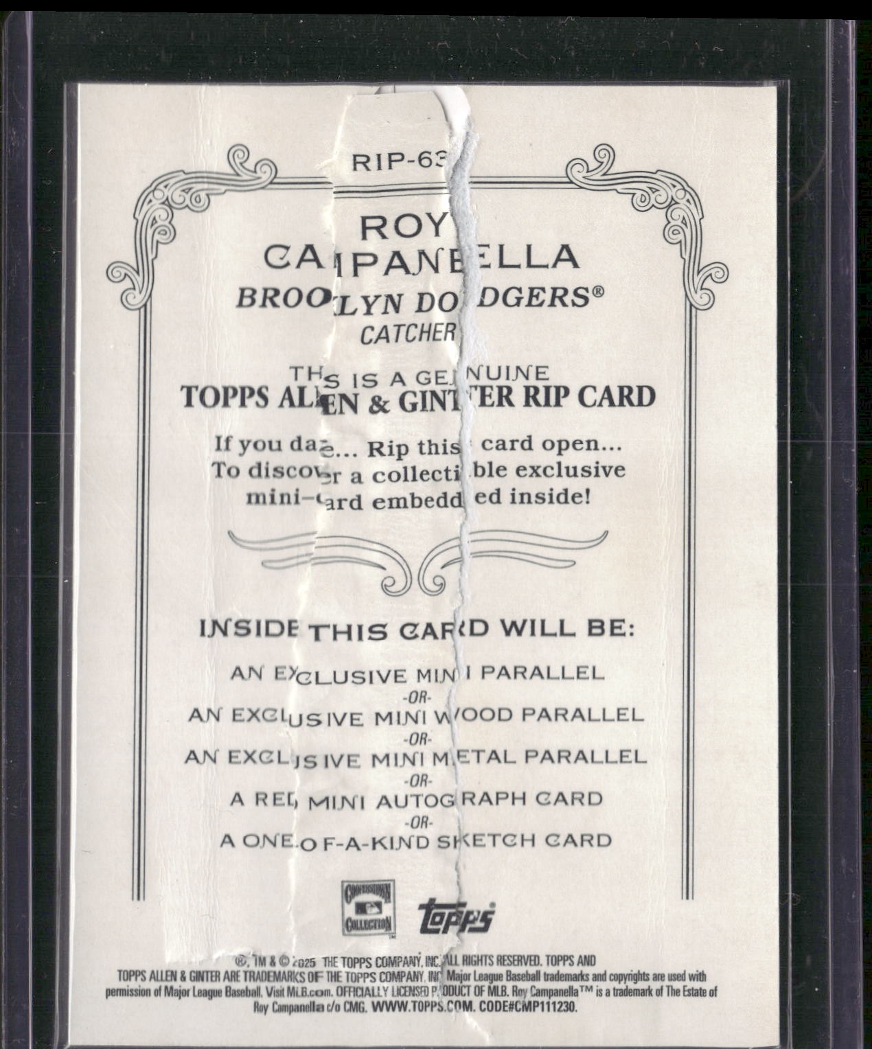2025 Topps Allen & Ginter #RIP-63 Roy Campanella Rip Cards #/199
