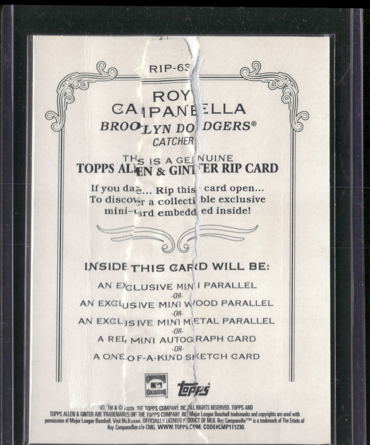 2025 Topps Allen & Ginter #RIP-63 Roy Campanella Rip Cards #/199