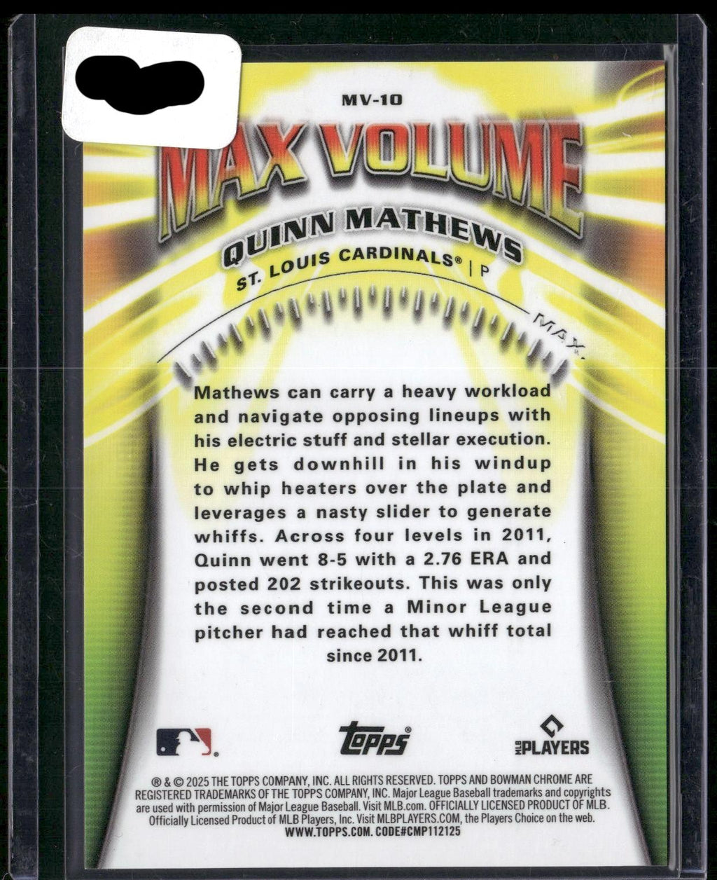 2025 Bowman Chrome #MV-10 Quinn Mathews Max Volume Orange #/25