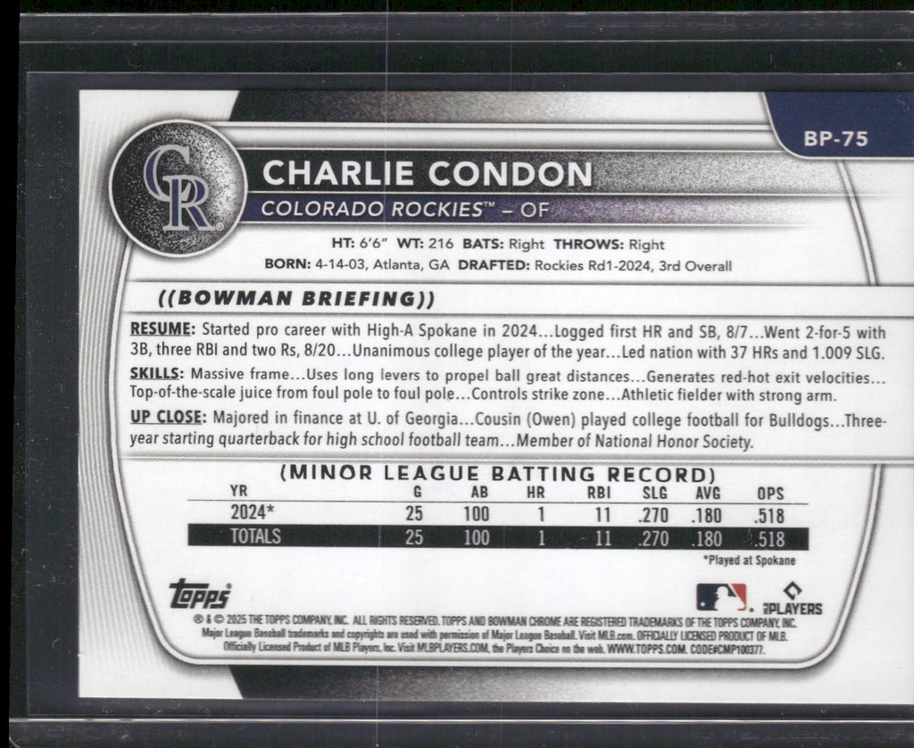 2025 Bowman #BP-75 Charlie Condon Prospects