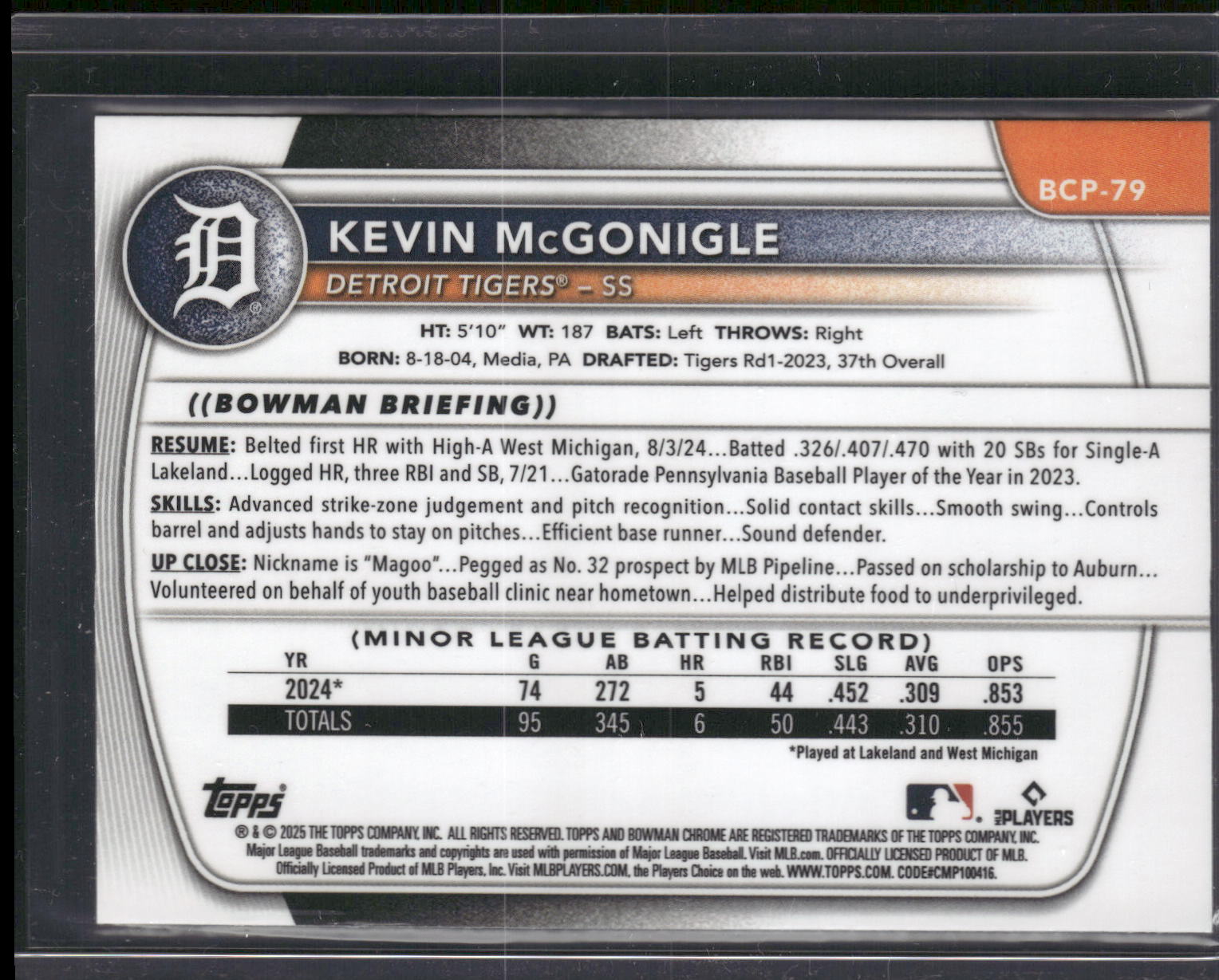 2025 Bowman #BCP-79 Kevin McGonigle Chrome Prospects