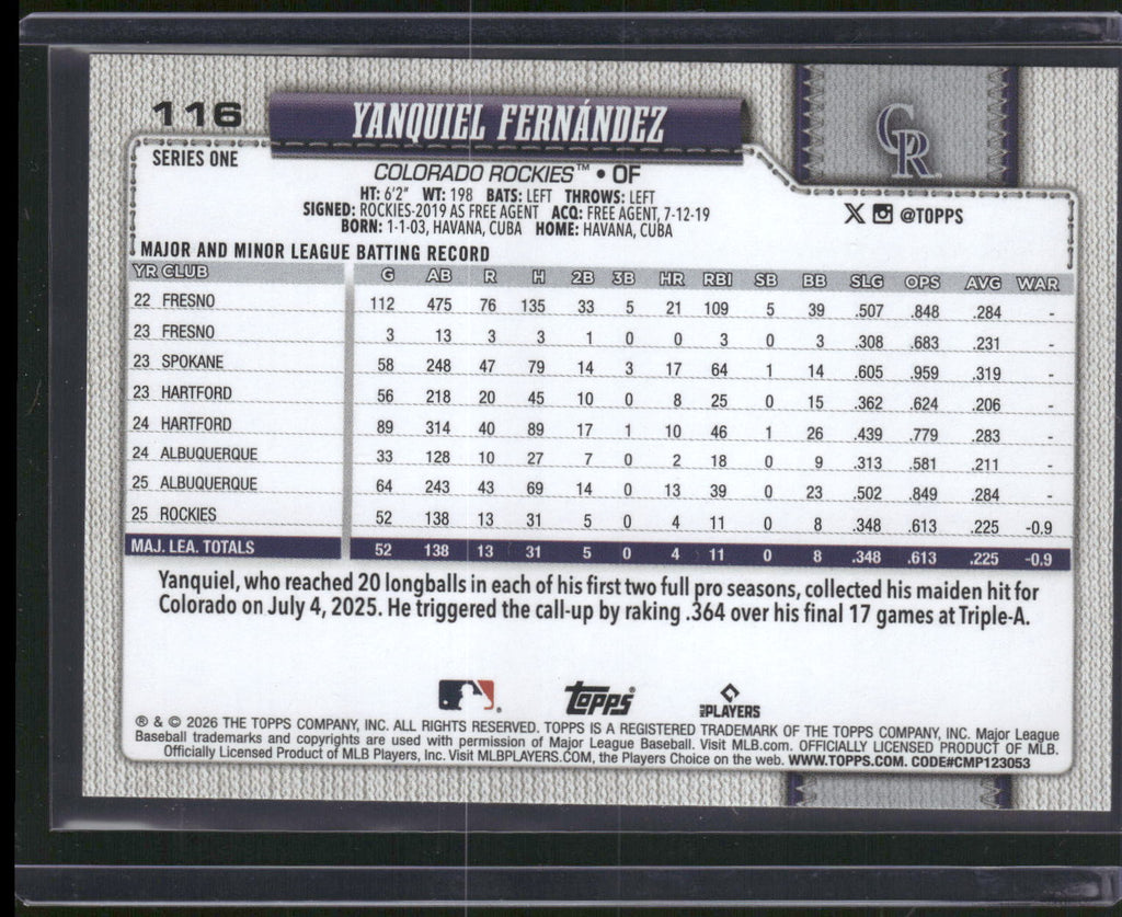 2026 Topps #116 Yanquiel Fernández