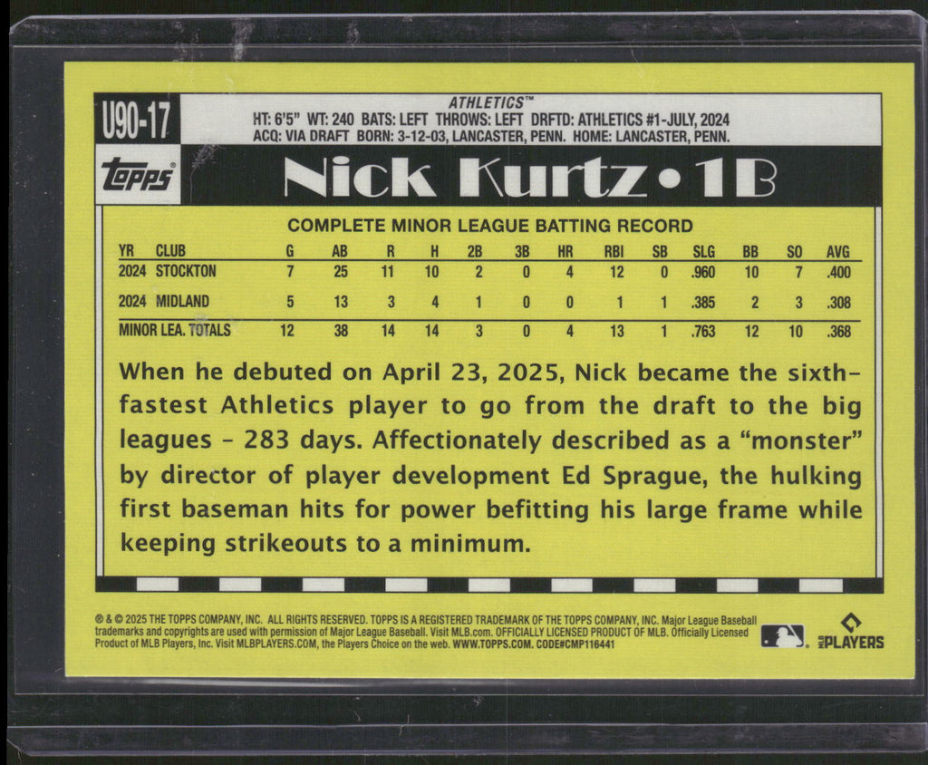2025 Topps Update #U90-17 Nick Kurtz 1990 Topps Baseball 35th Anniversary