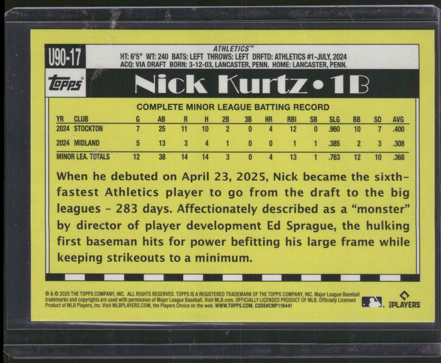 2025 Topps Update #U90-17 Nick Kurtz 1990 Topps Baseball 35th Anniversary
