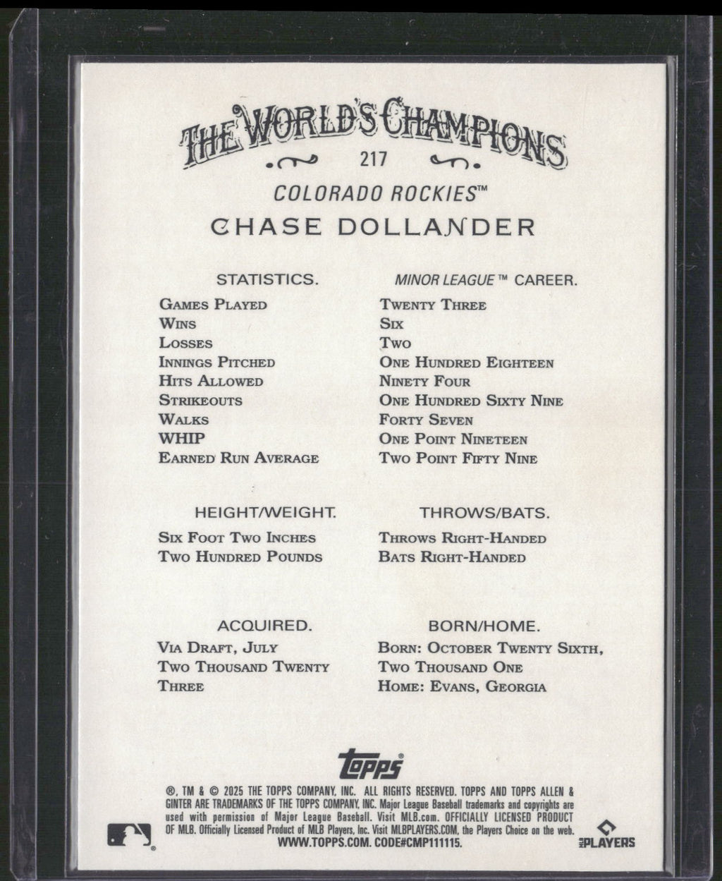 2025 Topps Allen & Ginter #217 Chase Dollander Silver Portrait