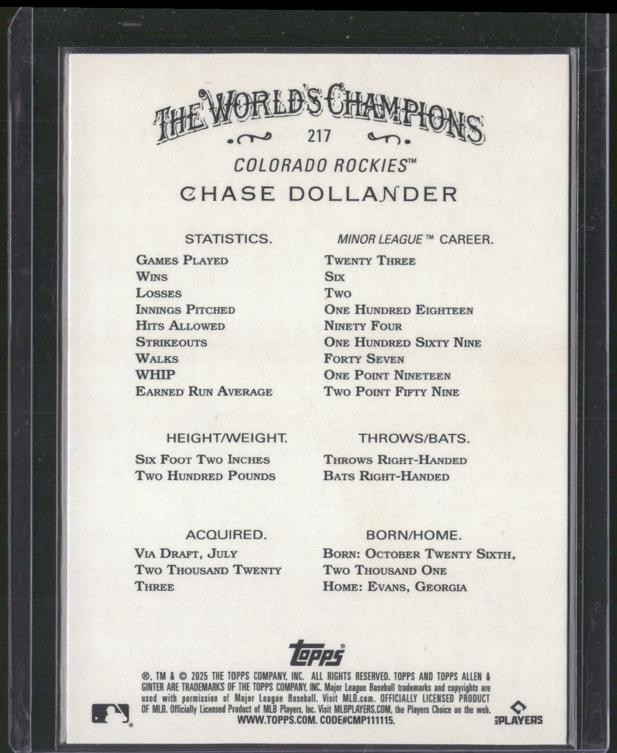 2025 Topps Allen & Ginter #217 Chase Dollander Silver Portrait