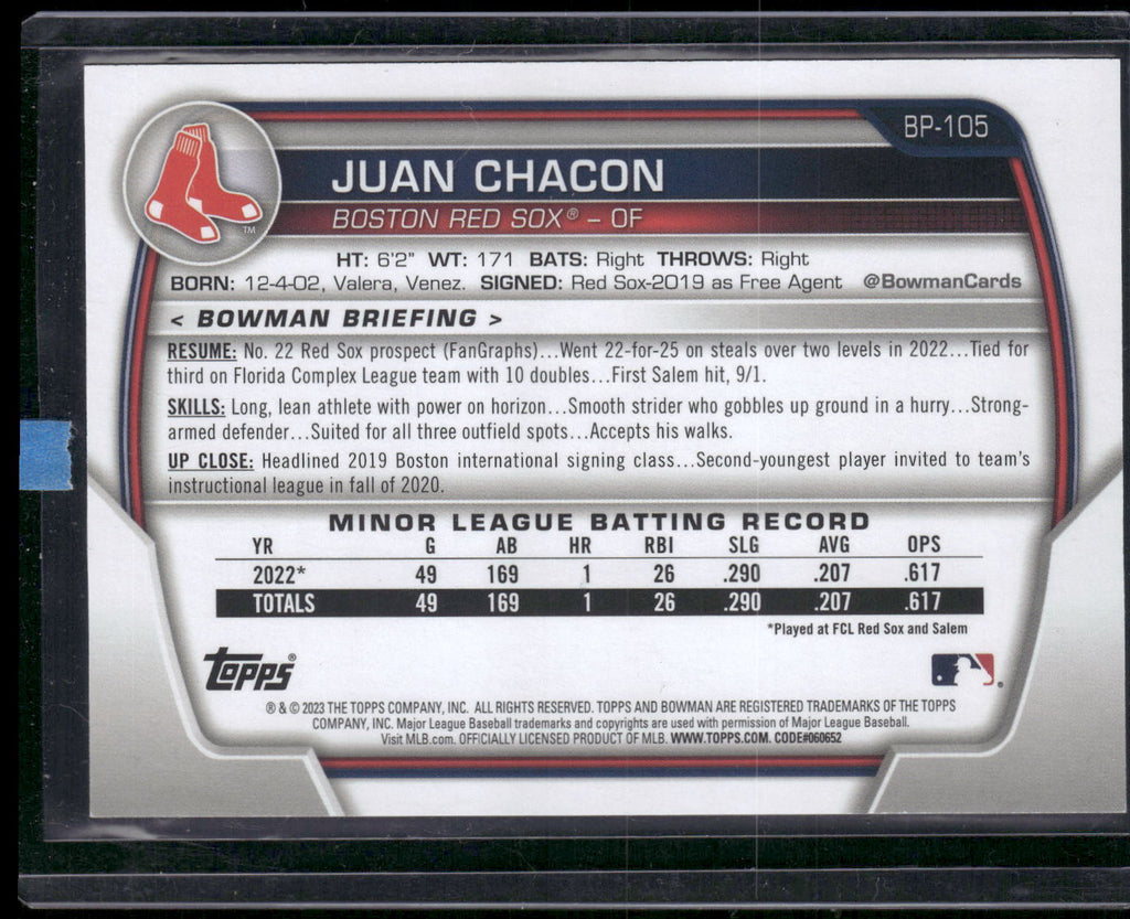 2023 Bowman #BP-105 Juan Chacon Prospects Sky Blue #/499